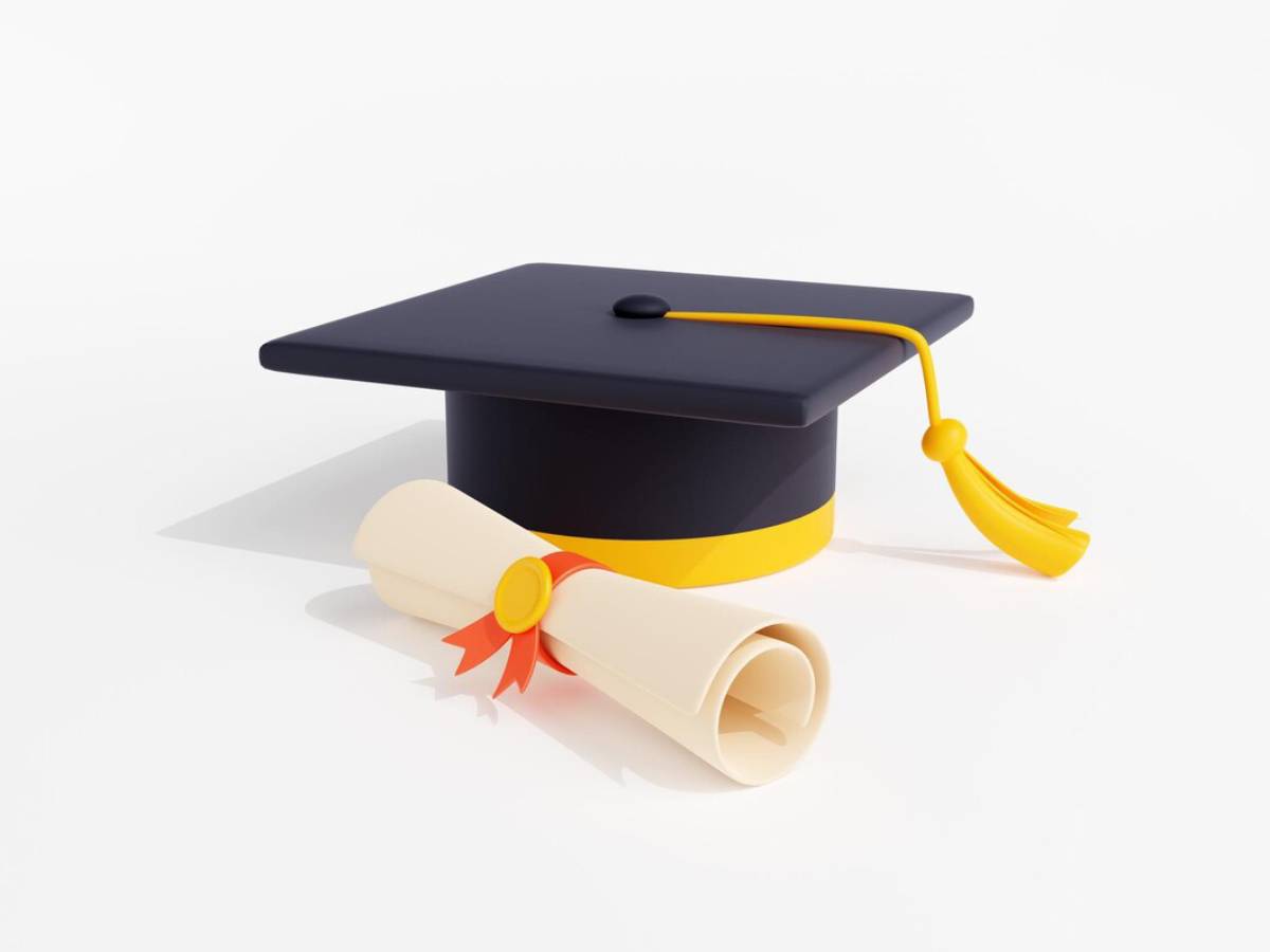 3D illustration of a graduation cap and diploma on a white background, symbolizing academic achievement. 