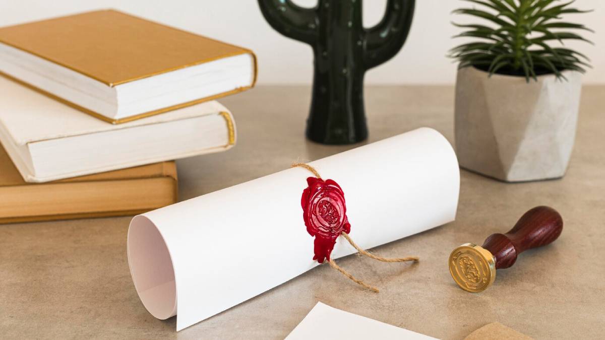  A desk featuring a certificate , a book, and a wax seal on desk. 