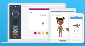 An educational app interface displaying math and language tasks on a laptop, tablet, and smartphone against a blue background.
