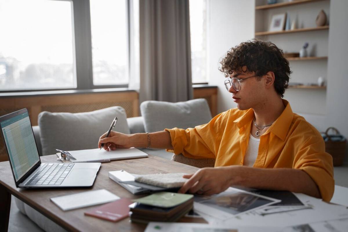 A man seated at a table, working on a laptop with papers spread out in front of him.