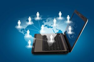 Laptop displaying multiple users connected to the internet, showcasing online collaboration and communication.