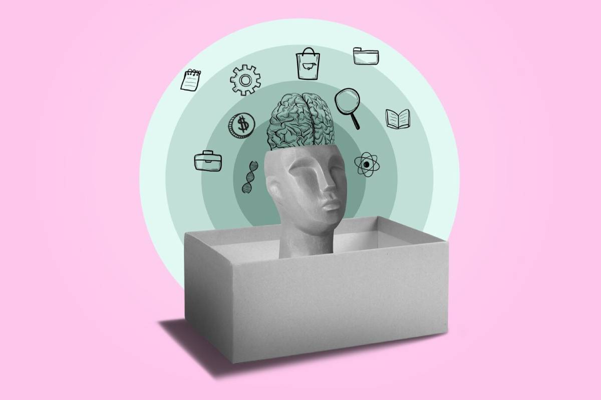  A man's head is enclosed in a box, surrounded by various icons representing different concepts or ideas. 