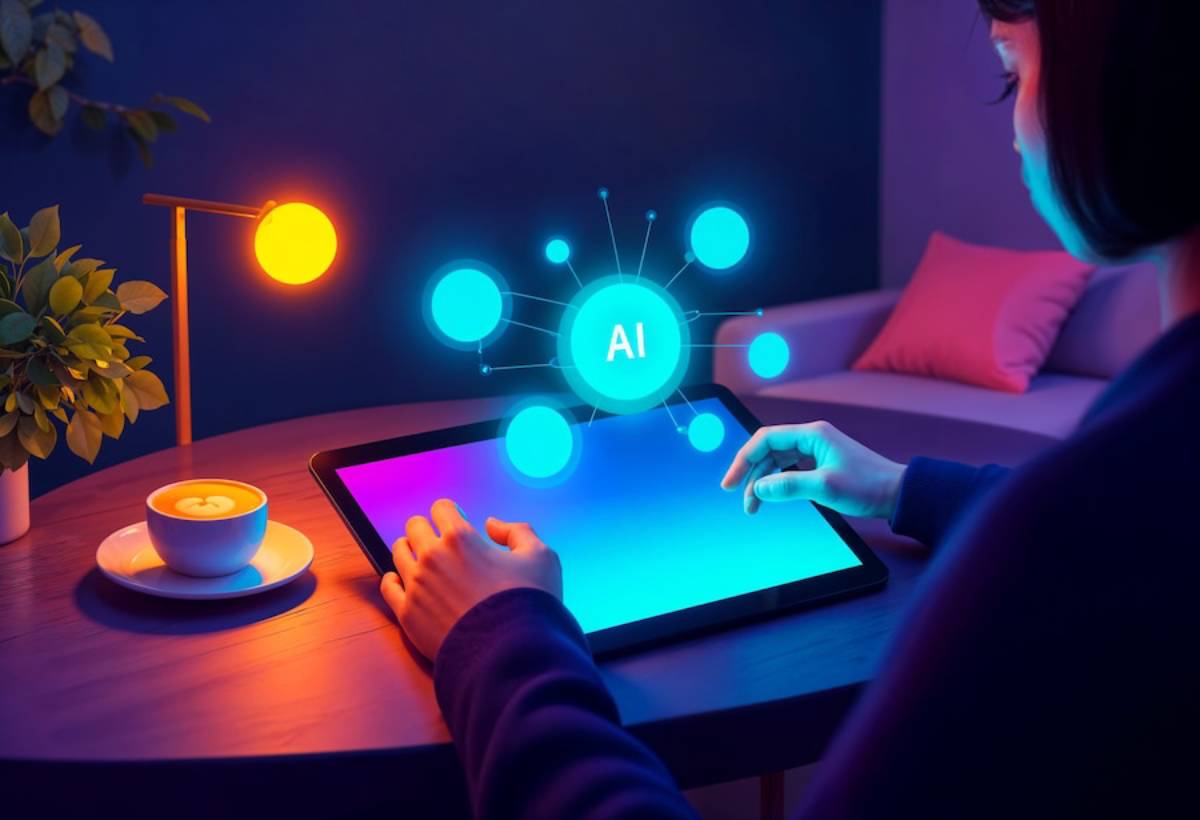   Illustration depicting AI's impact on future workplaces, showcasing technology integration and evolving job roles.