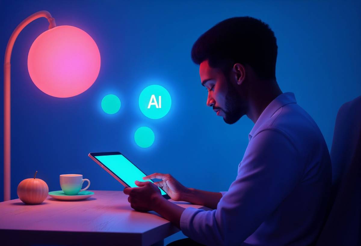  A person sits at a table, using a tablet. Colorful lighting creates a vibrant ambiance, with an apple and a cup nearby.